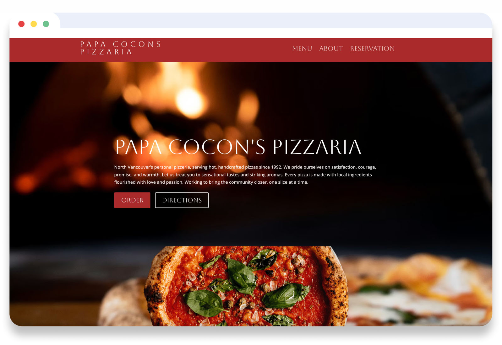 Website landing page, showcases hero image of pizzas , and clean navigation.